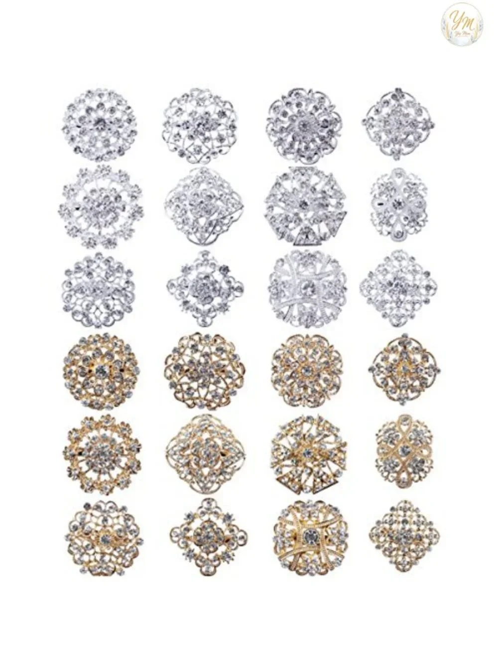 24pcs Brooches Set with Rhinestone Crystal Flower Pins for Wedding Bouquet